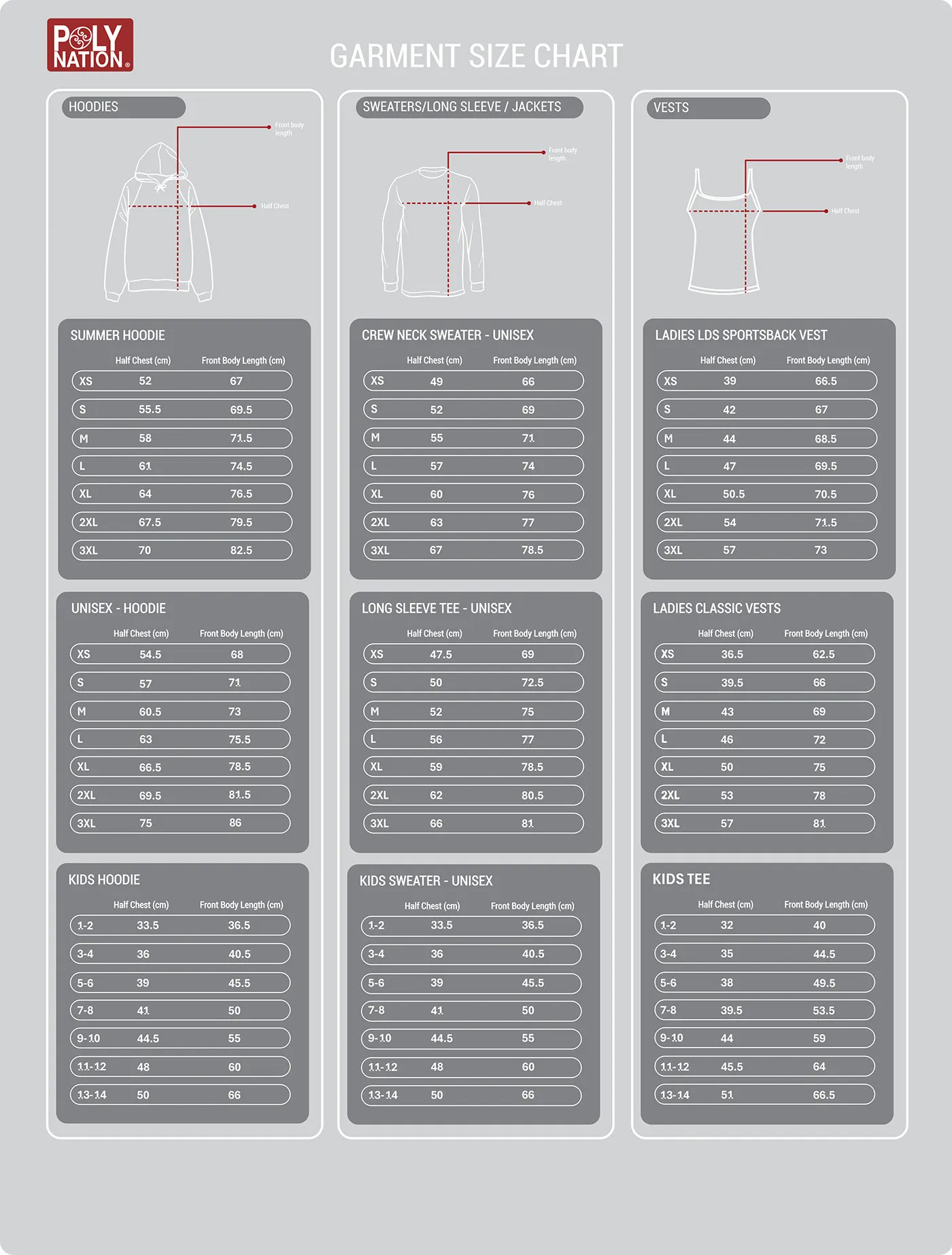 Poly Nation Garment Size Chart